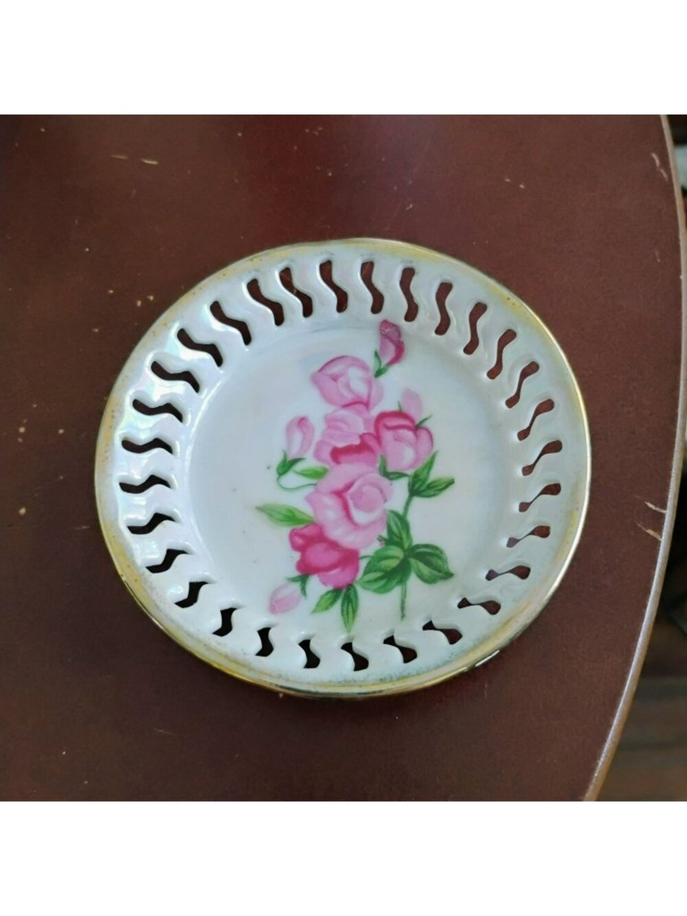 Vintage Mid-Century Japan Reticulated Porcelain April Birth Flower Trinket Dish